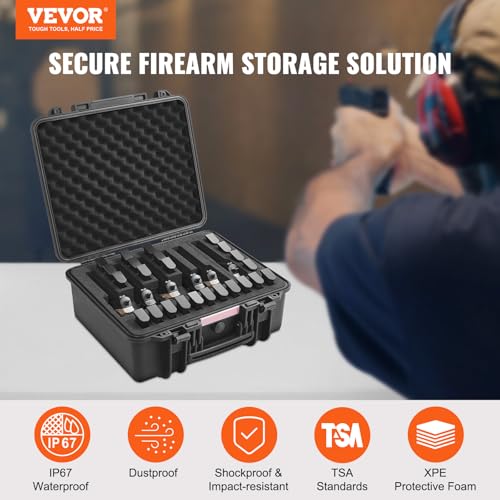 VEVOR Hartschalenkoffer Pistolen, Pistolenkoffer mit vorgeschnittenem Futter, staubdichter Hartschalenkoffer für 6 Pistolen, abschließbarer Pistolenkoffer, Waffenkoffer schwarz, 491 x 434 x 211 mm