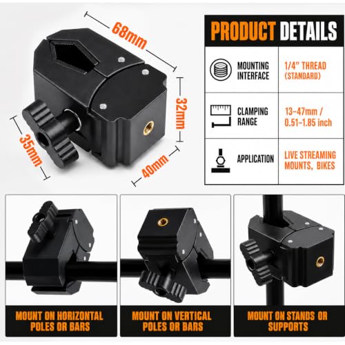 Image of Brolaviya Super Clamp with 1 /4 inch Interface Female Thread Mount, Adjustable Camera Clamp for 13-47mm Rods & Poles, Universal Mount for DSLR Camera, Action Camera, LED Light, Microphone, Bike & Tripod