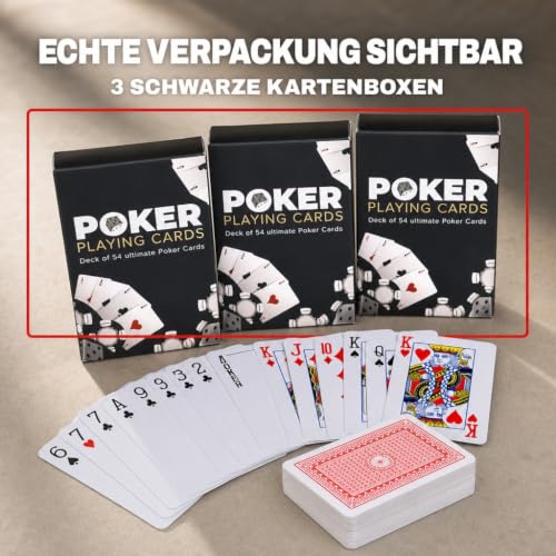 MIJOMA Zestaw 3 mini kart do pokera – 54 karty na poker, ok. 6 x 4 cm – karty do gry w podróż, podróże, imprezy, wieczory do gier – klasyczny design w pokera