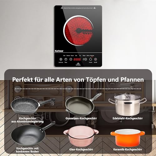 Karinear Glaskeramik Kochfeld 1 Platte Tragbar, 650 °C Max, Keramik Kochfeld Kochplatte 1er Freistehend, 2000W, Herdplatte 1 Kochfelder mit Stecker, Timer, Kindersicherung, Restwärmeanzeige, 220-240V