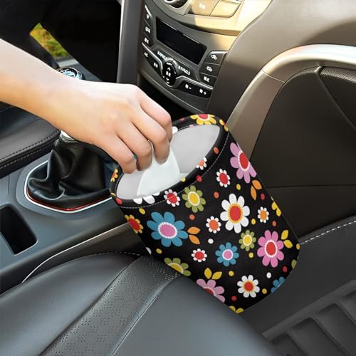 Image of Colorful Hippie Flowers Car Trash Can Collapsible Car Waste Basket Container Waterproof Auto Storage Box Travel Accessories