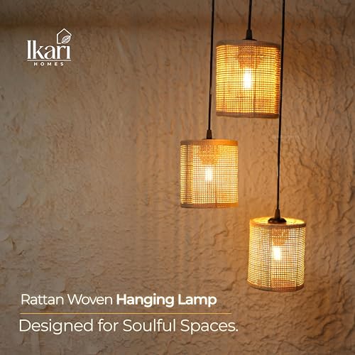 Image of Ikari Homes Rattan Chandelier 3 in1 Pendant Light, Natural Beige, Boho Style, E27 Base, Chandelier for Living Room I Dining I Bedroom I Balcony I Adjustable Wire - (Bulbs not Included) (SQ Mesh)