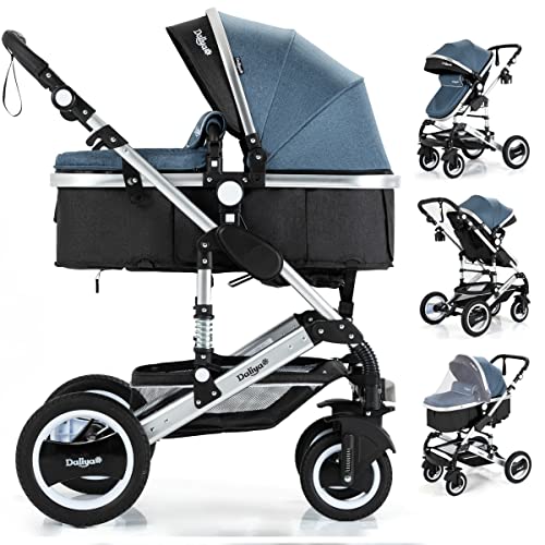 Kombi Kinderwagen 2in1 Bambimo mit Alu-Rahmen - Klick System - 4 Reifen zum abnehmen - mit extra großem Einkaufskorb - 2in1 Sportsitz - Platzsparend (Blau) Cover