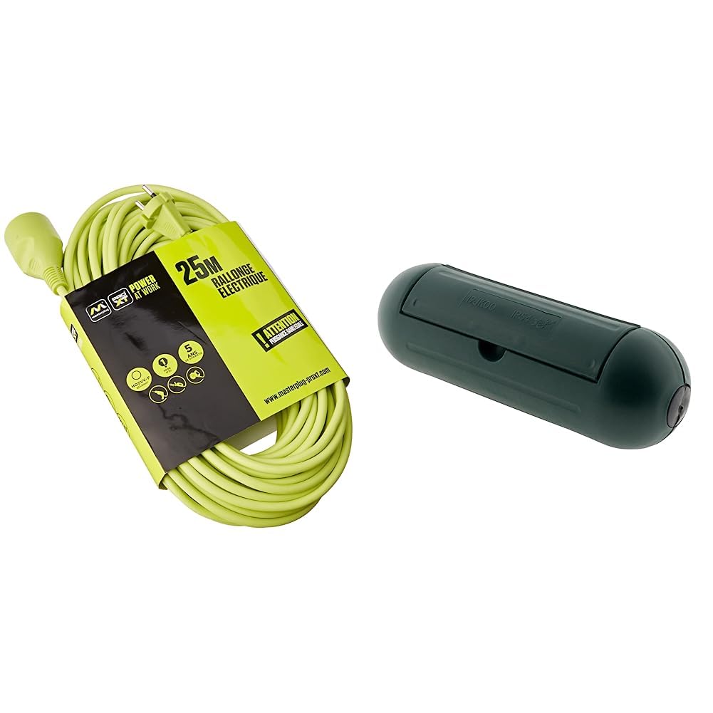 Boîtier de protection jardin Zenitech et sa rallonge électrique 25m Masterplug