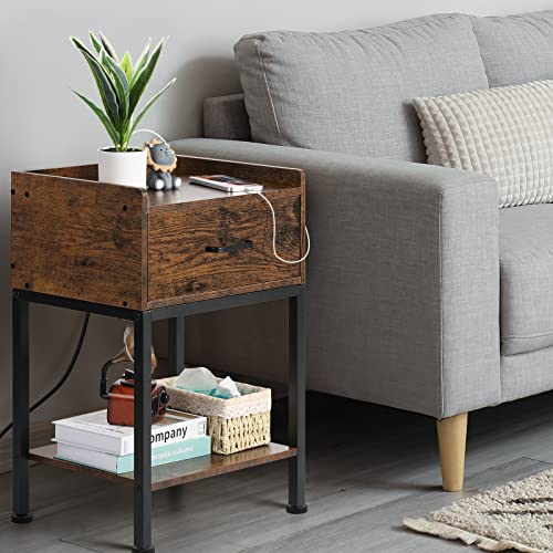 Nightstand With Charging Station And Usb Ports, Small End Table With Drawer And Open Storage Shelf Modern Bedside Table Night Stand For Bedroom, Living Room, Rustic Brown #TOP1