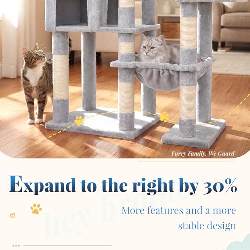 Image of Hey-brother Cat Tree Tower, Wide Base, 5 Platforms for Multi-Cats, MPJ074W | 72.8 Inches Tall Furniture, 5 Plush Beds, Large Condo, Big Hammocks, Sisal Scratching Posts, for Indoor Adult Cat, Light Gray