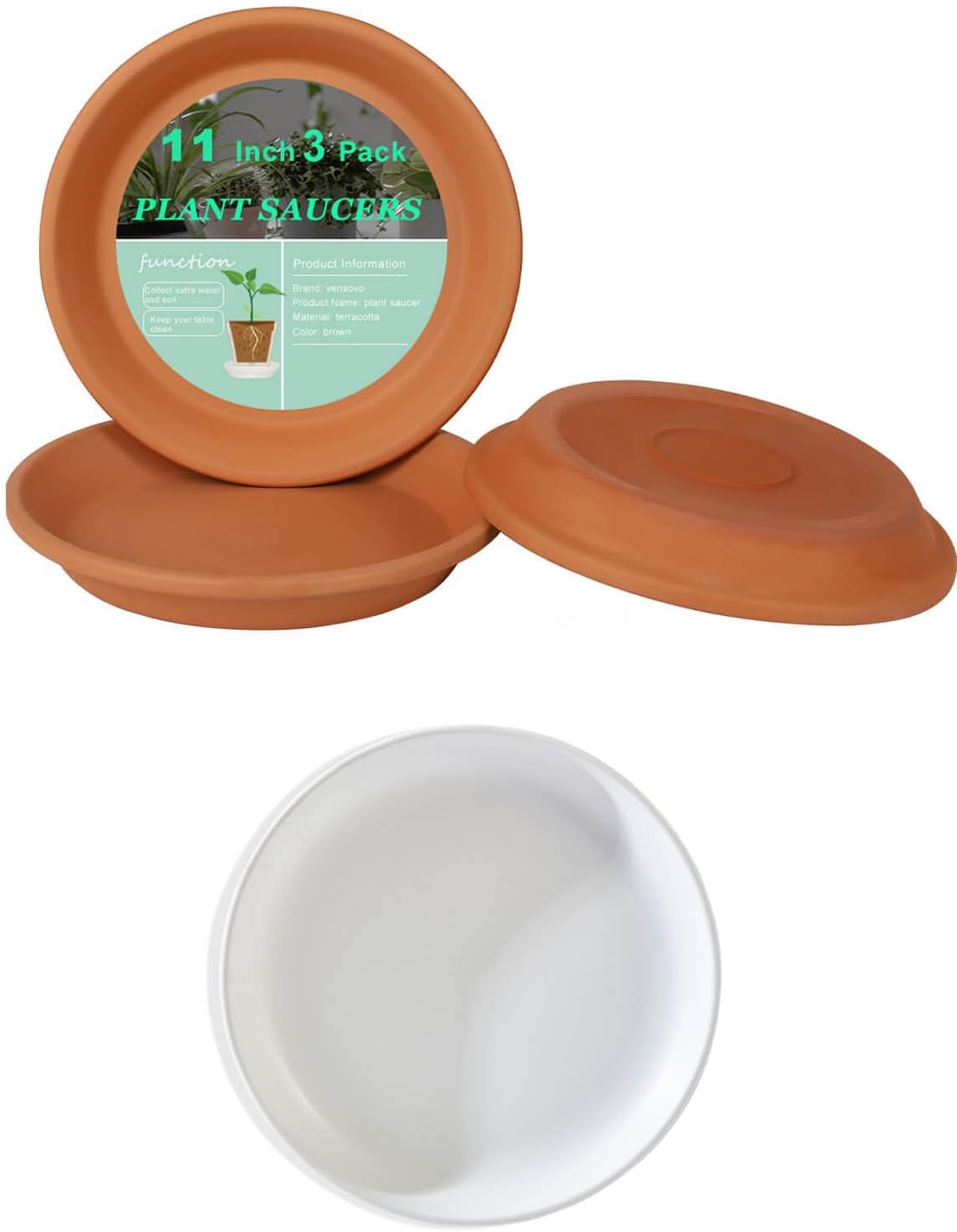 vensovo Plant Pot Saucer Set - Includes 1 Pack 9-Inch Ceramic Plant Saucer and 3 Pack 11-Inch Terracotta Plant Saucer,Perfect for Indoor or Outdoor Use