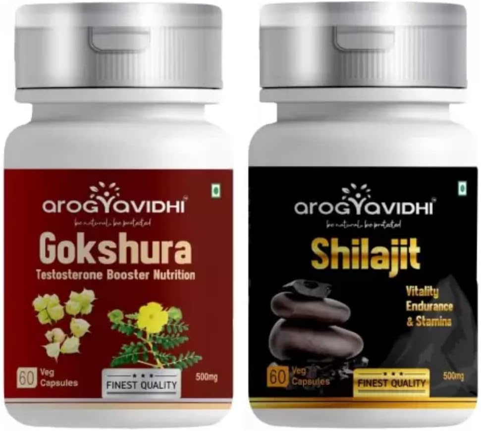 arogyaVIDHI Shilajit & Gokushura Pure Herbs Extracts | Improves Hormonal Imbalance & Overall Health | Helpful in Increasing Metabolism | Skin Health | Pain Relief | {500MG & 60 Capsules In Each} | (Pack Of 2) (2 x 60 Capsules)