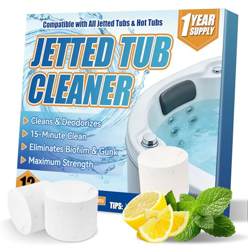 Mosconly Jetted Tub Cleaner Bathtub Tabs, 12 Heavy Duty Jetted Tub Cleaner,Compatible with Jets, Tubes, Whirlpool & Spa Bath System,No Harsh Chemicals, Professional Septic Safe Solution