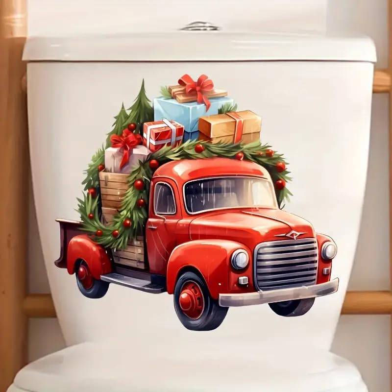 Festive Christmas Car Toilet Cover Sticker Decals,Fish Bird Flower Leaf Waterproof Toilet Lid Tank Seat Decals Cistern Self-Adhesive Bathroom Wall Sticker