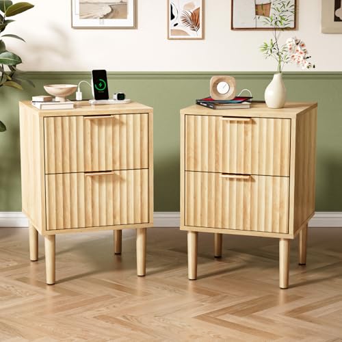 Image of VINGLI Nightstands Set of 2 with Charging Station, Fluted Nightstand 2 Drawer, 15.8 inch W*15.6 inch D Mid Century Modern Nightstands for Bedroom, Fluted Bed Side Table, Oak Night Stands Set 2