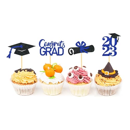 24Pcs Graduation Cupcake Toppers, Graduation Cupcake Picks For Cupcake Food Decorations - Class Of 2023 Graduation Cupcake Toppers Supplies (Blue) #TOP2