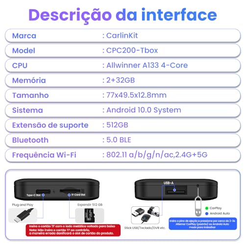 CarlinKit CarPlay Ai Box para sistema Android 10.0, compatível apenas com carros com tela sensível a