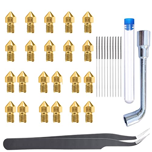 NACAIKJ 34pcs Buse Imprimante 3D 0.4mm/0.2mm/0.3mm/0.5mm/0.6mm/0.8mm/1mm MK8 Extrudeuse Nozzle avec Aiguilles de Nettoyage Brucelles Clé Laiton Buse Pour Ender 3 Cover