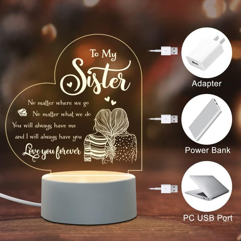 WJYTLON Christmas Gifts for Women, Sister Gifts from Sister, Bedside Lamp is The Best Gift for Her, Sister Birthday Gifts from Sister- Acrylic LED Night Light, Big Sister Gifts for Women (Heart)