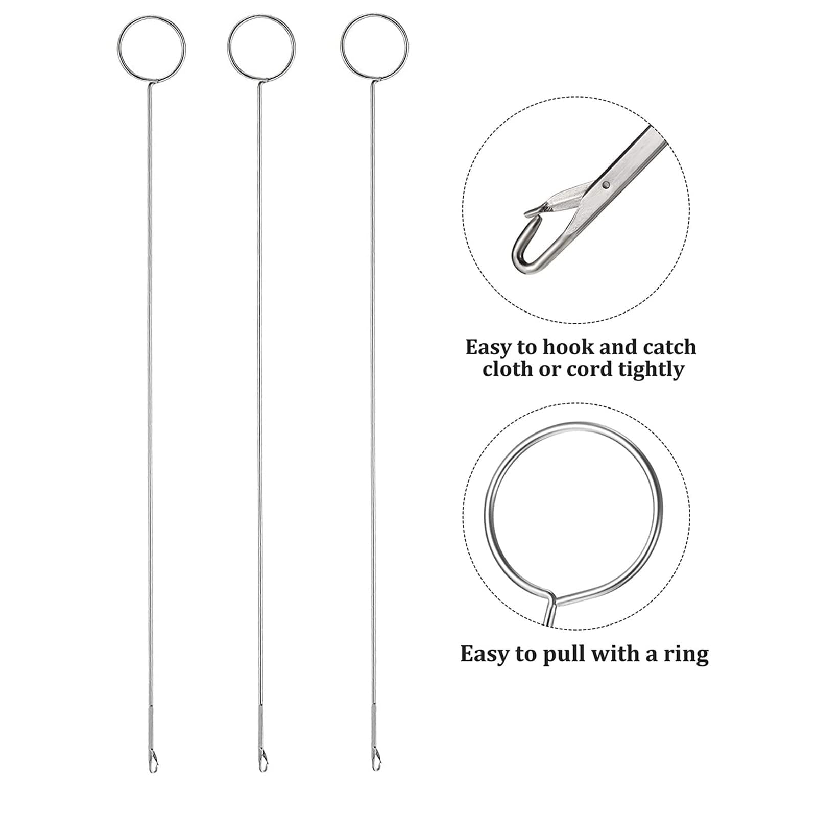 Nähschlaufen-Wendehaken Set, 3 Stück | Metall-Drehhaken Mit Riegel Zum Wenden Von Stoffschläuchen | 26,5 Cm Lang, Edelstahl