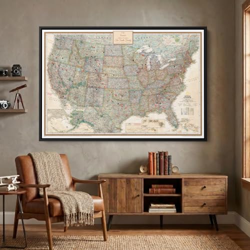 Image of Executive United States Map with Pins - Detailed National Geographic USA Canvas Travel Tracker - Extra Large Framed Wall Art - Black Float Frame - 34 inch x 51 inch