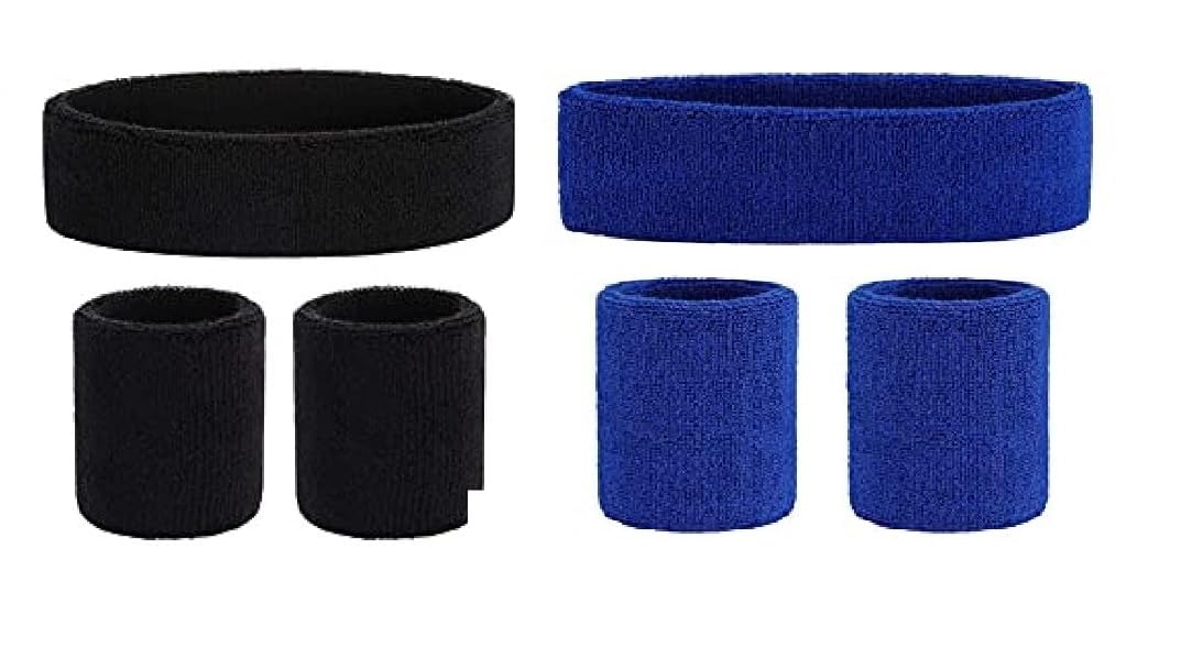 Care N Touch Men,Women Cotton Sports wear Wrist Band & Head Band Color BLACK + BLUE (SET of 6)-image-38