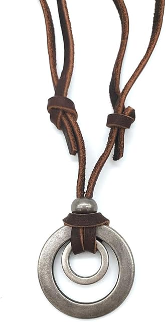 Jonline24h Mens Womens Double Ring Pendant Adjustable Leather Cord Necklace Chain, Brown Silver