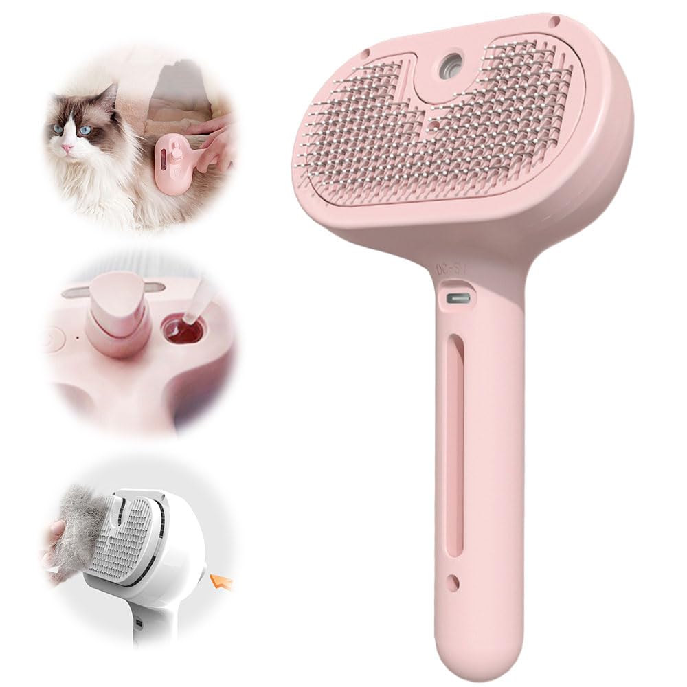 Pet Spray Haarentfernungskamm, 2025 Upgraded 3 in 1 Katzen-Dampfbürste, selbstreinigende Katzen-Dampfbürste, mit Wassertank und Entriegelungsknopf, Haustier-Dampfbürste für Hund und Katze (Rosa)