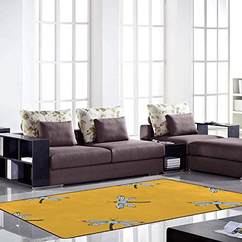 Tapis de salon jaune imprimé libellule grand format Ruchen