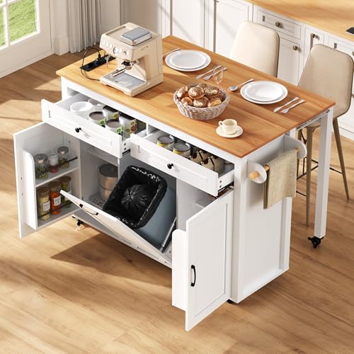 Isla de cocina móvil con ruedas con mesa de comedor extensible, 120 x 92 x 40-75 cm, carrito de cocina con 2 cajones, bandeja para basura, enchufe, placa natural, para cocina y comedor (blanco)