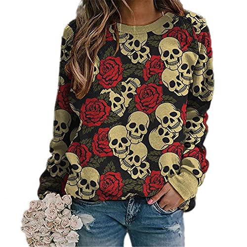 Camisetas de Manga Larga de Halloween para Mujer Tops con Estampado de Calaveras y Rosas Blusa de Sudadera con Cuello Redondo y Estampado de Calaveras a la Moda Cover