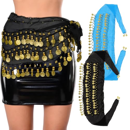 2 Pcs of Belly Dance Hip Scarf, Hip Scarf for Belly Dancing, with 3 Layers of Sequin Coins, Lightweight Chiffon Material, Suitable for Dancing, Daily Practice, Etc. (Black + Blue)