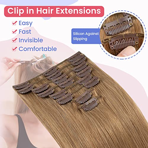 Elailite Hair Extensions Real Human Hair Clip in 8 Pieces (Thin Weft) Remy Natural Hair Full Head Straight, #27 Dark Blonde - Image 3