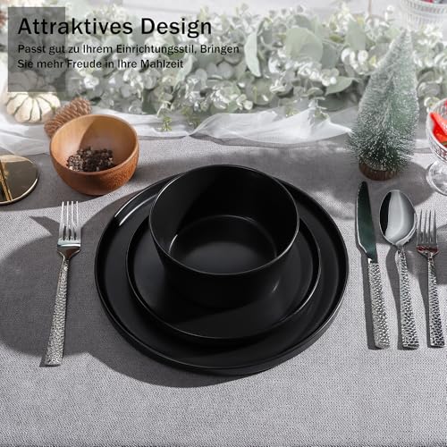 Homikit Geschirrset 6 Personen, 18-tlg Steinzeug Geschirr Set Tafelservice, Essgeschirr mit Speiseteller Dessertteller Müslischüsseln, Mikrowellen- und Spülmaschinenfest, Kratzfest, Mysterium Schwarz