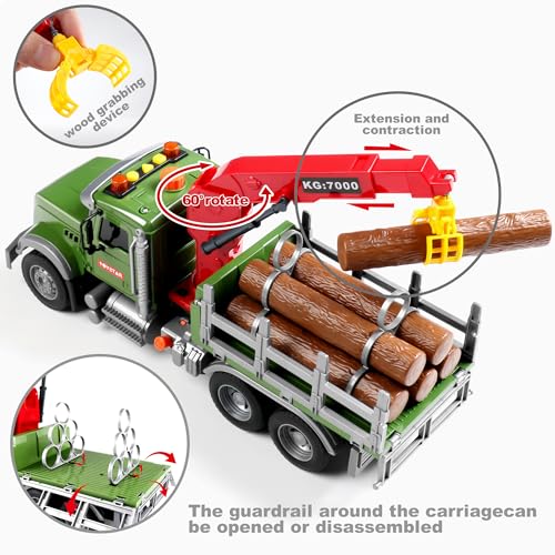 Image of Dwi Dowellin Kids Toys for 3 4 5 6 7 Years Old Boys,15 inch Large Timber Truck with Loading Crane and 6 Trunks,Birthday Gifts for Boy Toddler Child