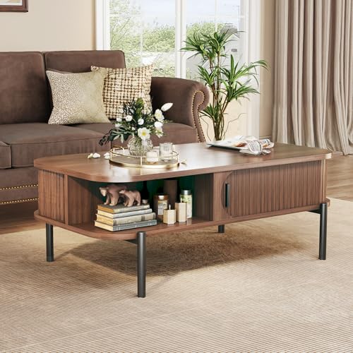 Coffee Table, 39.4" Mid Century Modern Coffee Tables for Living Room, Coffee Table with Storage Open Shelf, Fluted Table with Sliding Cabinet Door, 2-Tier Rustic Wood Desktop, Walnut Coffee Table, 39.4" Mid Century Modern Coffee Tables for Living Room, Coffee Table with Storage Open Shelf, Fluted Table with Sliding Cabinet Door, 2-Tier Rustic Wood Desktop, Walnut