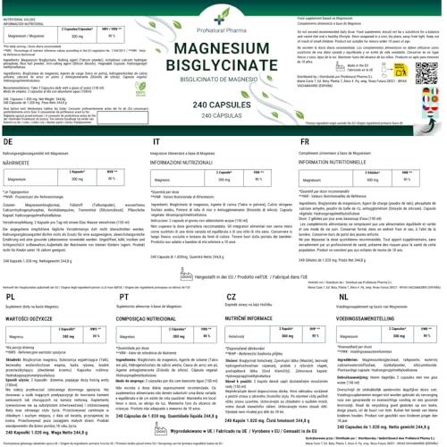 Bisglicinato de Magnesio|300mg de Magnesio puro Alta Biodisponibilidad/día| 240 cápsulas veganas | Cansancio y fatiga | funcionamiento muscular y psicológico normal