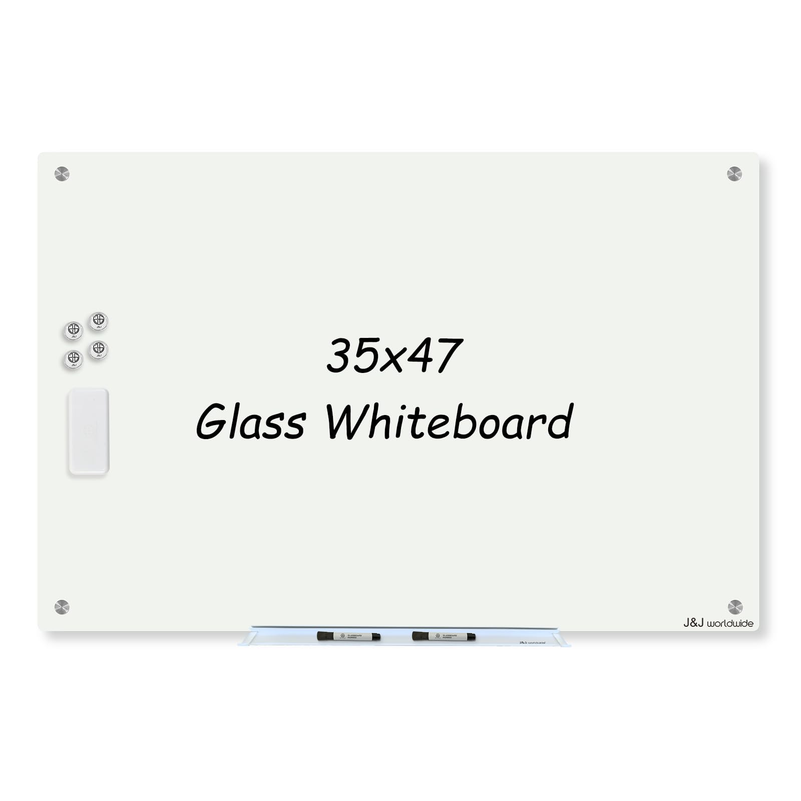 Magnetic Whiteboard, Glass Dry Erase Board 4' x 3' White Surface, White Board Frameless, Home School Supplies or Home Office Decor with Magnets, Markers, Eraser, Marker Tray