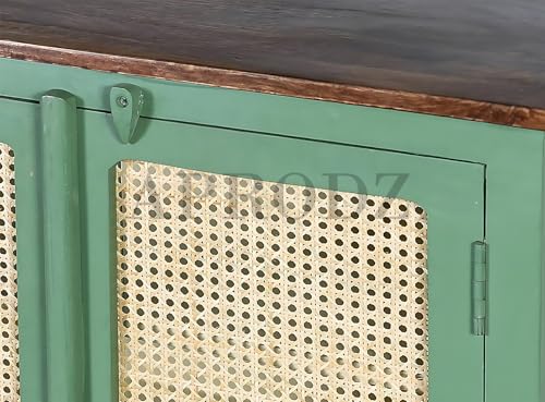 Image of APRODZ 2 Door Cabinet with Wicker Front 2 Shelves | Mango Wood Storage Organizer | Rustic Durable Stylish Wooden Furniture | Compact Design Home Decor (Premium Olive Green)