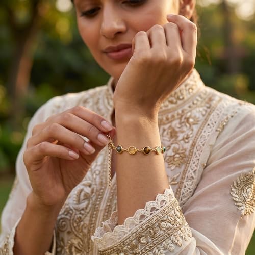 Image of Metal Dhanyog Bracelet For Women | Attracts Money, Positivity & success | Pyrite, Citrine, Tiger Eye, Green Aventurine & Clear Quartz | Crystal Bracelet | Lab Certified | Best Gift For Women