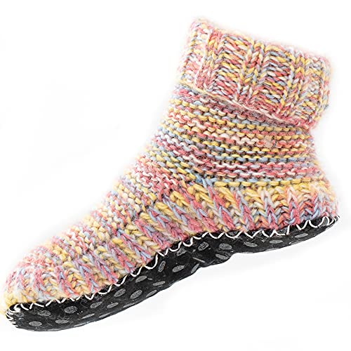 Image of Tibetan Socks Wool Hand Knit Fleece Lined Mid Bootie Slipper Sock Non Slip Sole