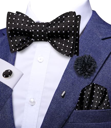 Image of Dubulle Self Tie Bow Ties and Lapel Pin for Men Paisley Solid Mens Bowtie and Handkerchief Cufflinks Set Wedding