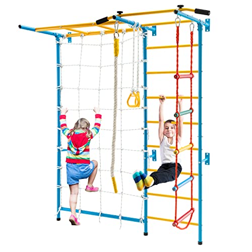 COSTWAY 7 en 1 Juego de Escalada para Niños, Gimnasio de Interior con Muro de Cuerda, Escalera de Pared, Barra de Elevación, Escalera de Cuerda, Cuerda y Anillos de Gimnasia para Niños de 3+ Años