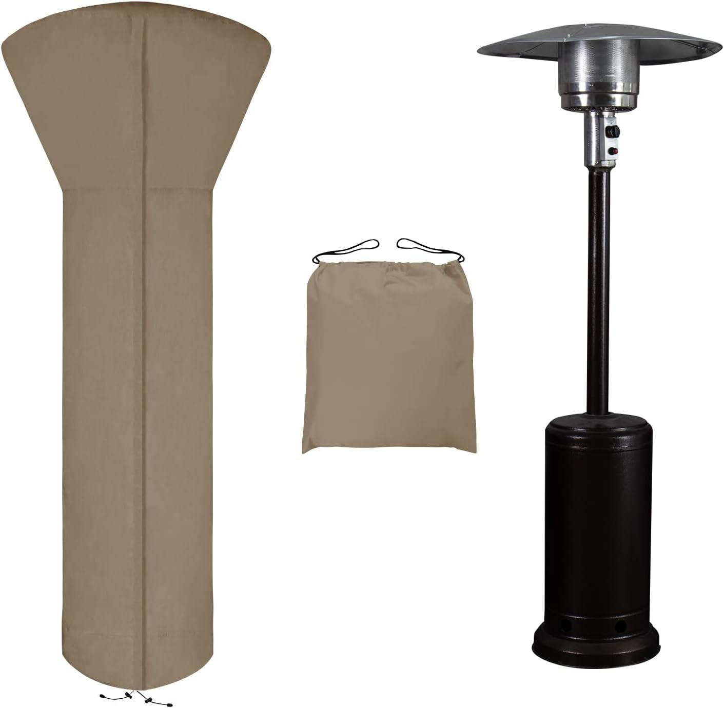 Patio Heater Cover with Zipper and Storage Bag, Waterproof Outdoor Heater Cover Dustproof, UV-Resisant, Wind-Resistant (89"H x 33"D x 19"B, Camel)