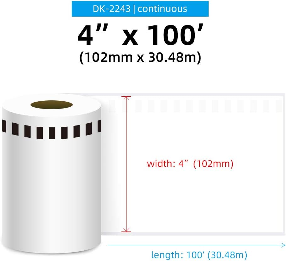 Label Orison DK-2243 Continuous White Paper Labels 4 in x 100 ft (101mm x 30.4m) with Non-refillable Cartridge Compatible with QL-1050 QL-1060,6 Rolls