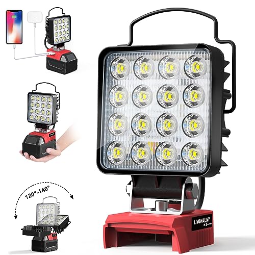 Lampada LED Ricaricabile per Milwaukee 18V, LIVOWALNY 48W 4800LM Lampada Emergenza a Doppio Interruttore con Type C/USB Lampada da Lavoro Faretto per Garage, Campeggio, Cantiere (Senza Batteria)