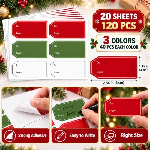 Christmas Gift Tag Stickers, 120 PCS to and from Labels, 3 Colors — 사진 2