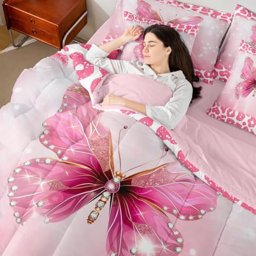 Image of Feelyou Cute Butterfly Comforter Set with Sheets 7 Piece Queen Size Leopard Print Bedding Set for Kids Boys Girls Butterflies Print Bed in a Bag Glitter Dreamy Princess Soft