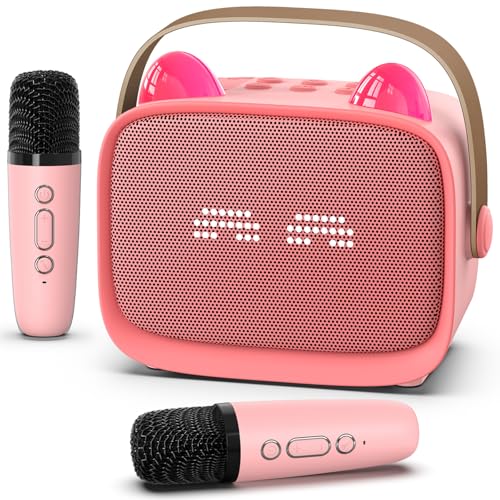 Mini Karaoke Machine Toys Gifts,Kids Portable MP3 Player with 2 Wireless Microphone and LED,Christmas Birthday Gifts for Girls Boys 3 4 5 6 7 8+ Year Old (Pink)