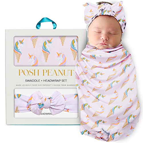 Posh Peanut Swaddle Blanket + Headband Set - Soft Newborn Swaddle Doubles As a Stroller, Receiving Blanket, and Nursing Cover - Matching Baby Swaddles & Headbands for Everyday (Unicorn Ice Cream)