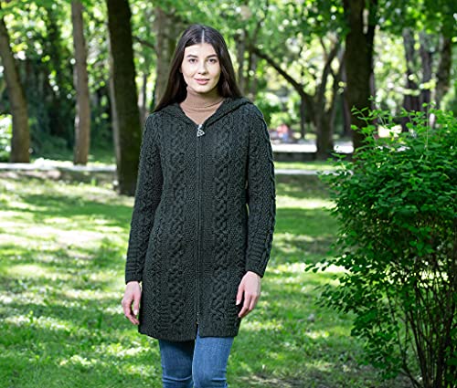Image of SAOL 100% Merino Wool Aran Irish Cardigan for Women with Pockets, Hood and Celtic Zipper