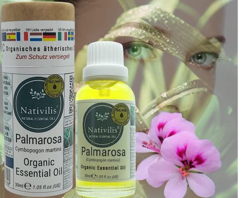Nativilis Organic Palmarosa Essential Oil 30ml (Cymbopogon martinii), 100% Pure GC/MS Tested, Skin Balancing