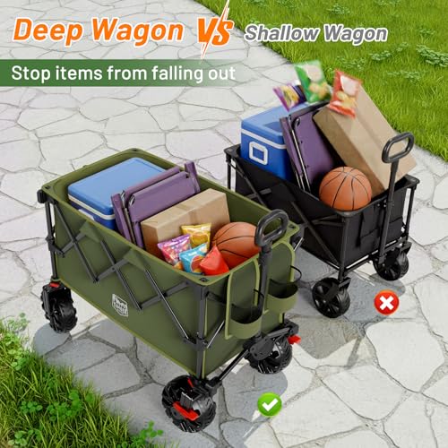 Image of TIMBER RIDGE Outdoor Collapsible Folding Wagon with Brakes and Cup Holders, 500lbs Heavy Duty All Terrain Wheels Utility Cart for Shopping Camping Garden Sports, Green