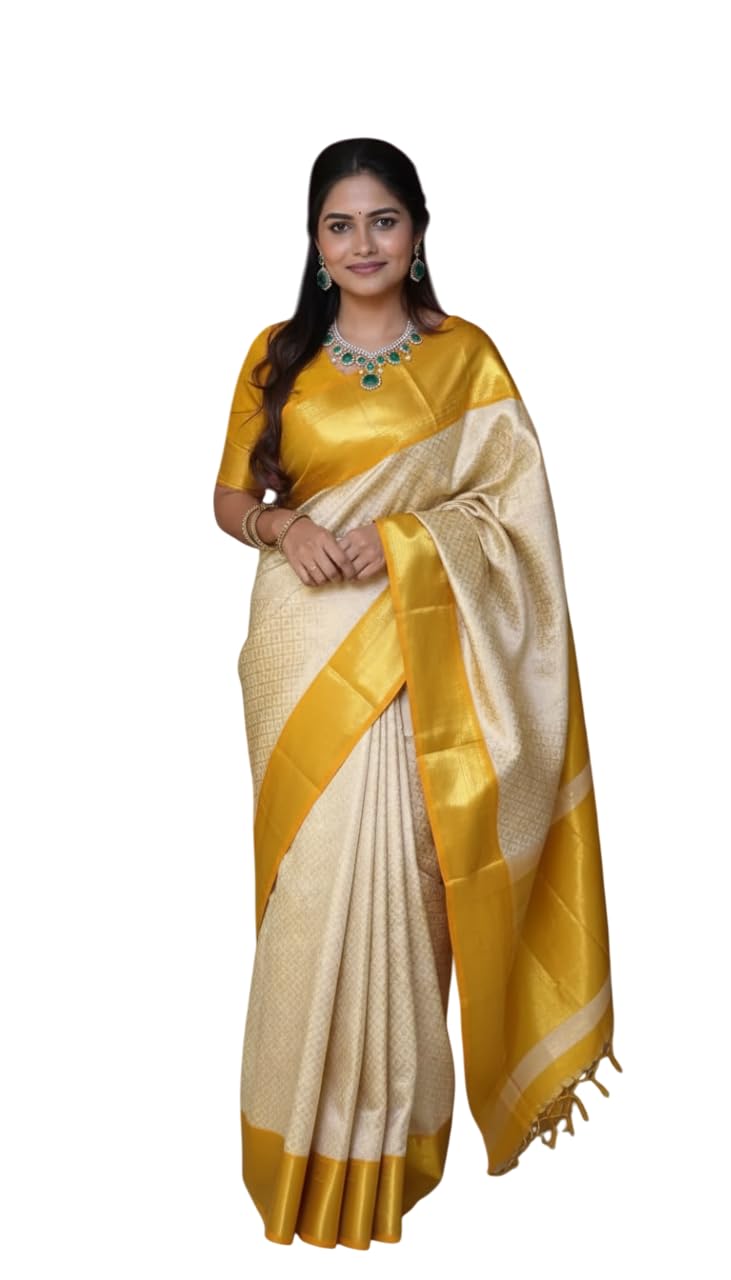 Women's Sun Yellow & White Kanjivaram Silk Saree with Golden Zari – Soft Traditional Wedding & Festive Saree with Blouse Piece-image-33